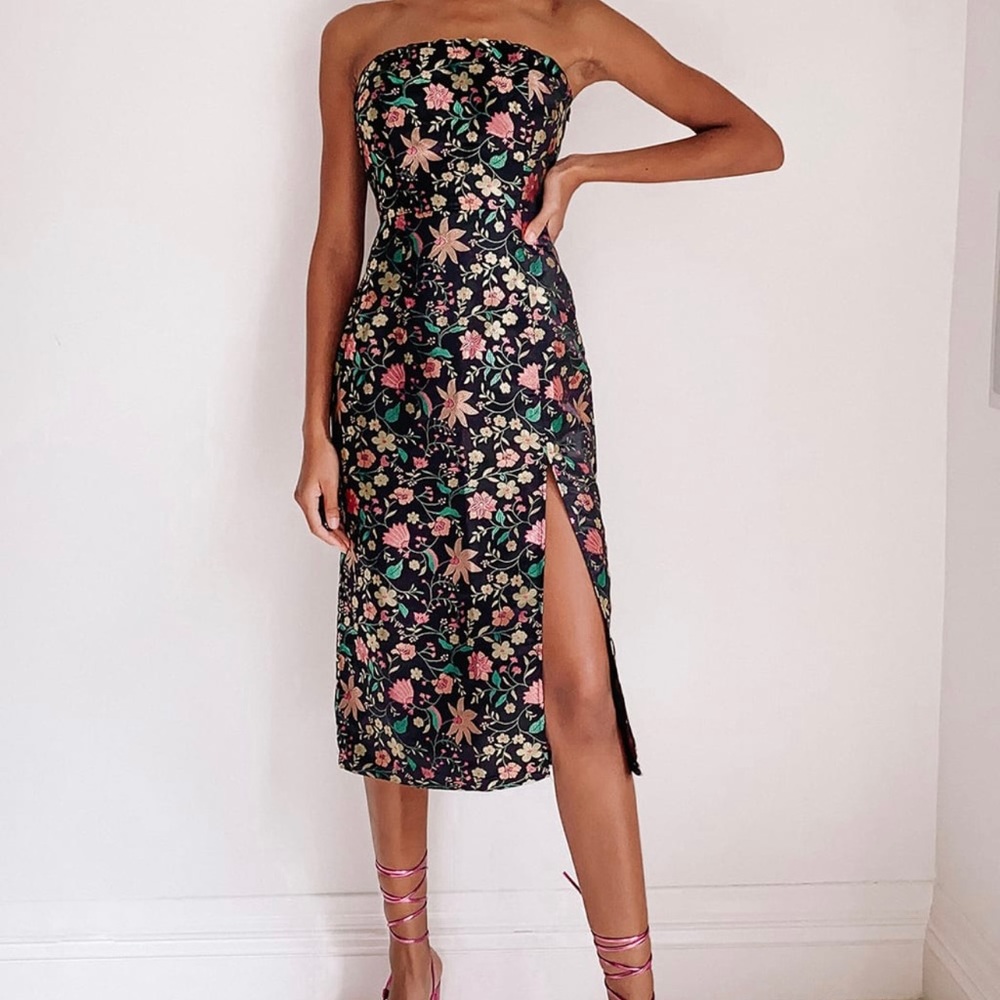 lulus jacquard black floral strapless satin dress